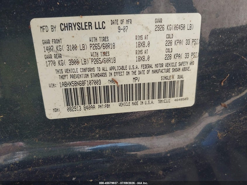 2008 Chrysler Aspen VIN 1A8HX58N68F107003 IAAI salvage auction — NORMAL WEAR, Original (Texas), sold $100 on 2026-07-16 (photo 9)