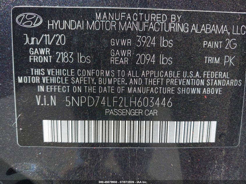 2020 Hyundai Elantra VIN 5NPD74LF2LH603446 IAAI salvage auction — NORMAL WEAR, Sf97 (California), sold $8,300 on 2026-07-30 (photo 9)