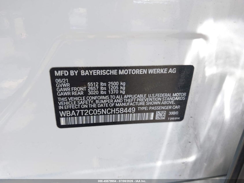 2022 BMW 7er VIN WBA7T2C05NCH58449 IAAI salvage auction — RIGHT SIDE, Salvage Title, sold $14,200 on 2026-08-14 (photo 9)