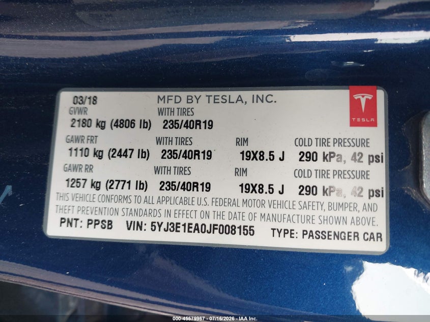 2018 Tesla Model 3 VIN 5YJ3E1EA0JF008155 IAAI salvage auction — UNKNOWN, Clear (Georgia), sold $1,350 on 2026-07-29 (photo 9)