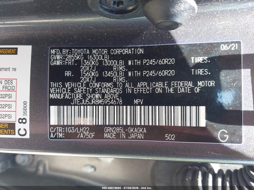 2021 Toyota 4runner VIN JTEJU5JR8M5954678 IAAI salvage auction — REAR END, Salvage Title, sold $20,500 on 2026-08-02 (photo 9)