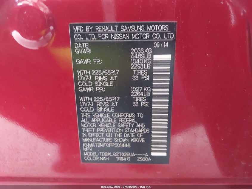 2015 Nissan Rogue VIN KNMAT2MT0FP501448 IAAI salvage auction — NORMAL WEAR, Clear (Florida), sold $1,100 on 2026-07-29 (photo 9)