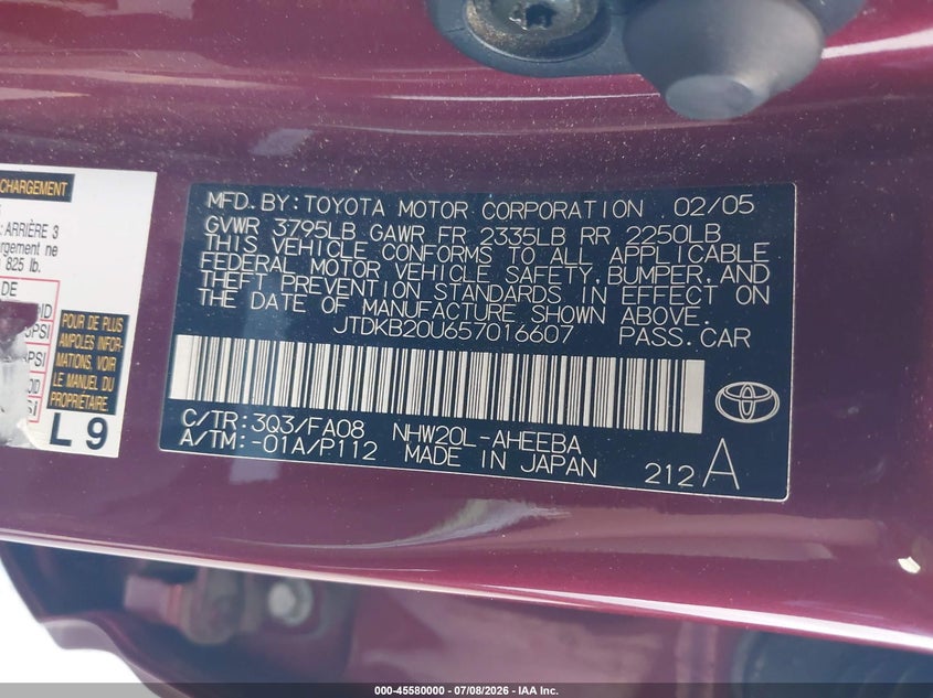 2005 Toyota Prius VIN JTDKB20U657016607 IAAI salvage auction — LEFT SIDE, Salvage (California), sold $100 on 2026-07-22 (photo 9)