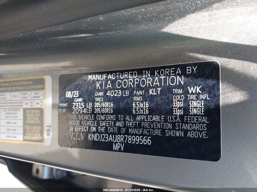 2024 Kia Soul VIN KNDJ23AU8R7899566 IAAI salvage auction — RIGHT SIDE, Salvage Title, sold $675 on 2026-07-24 (photo 9)