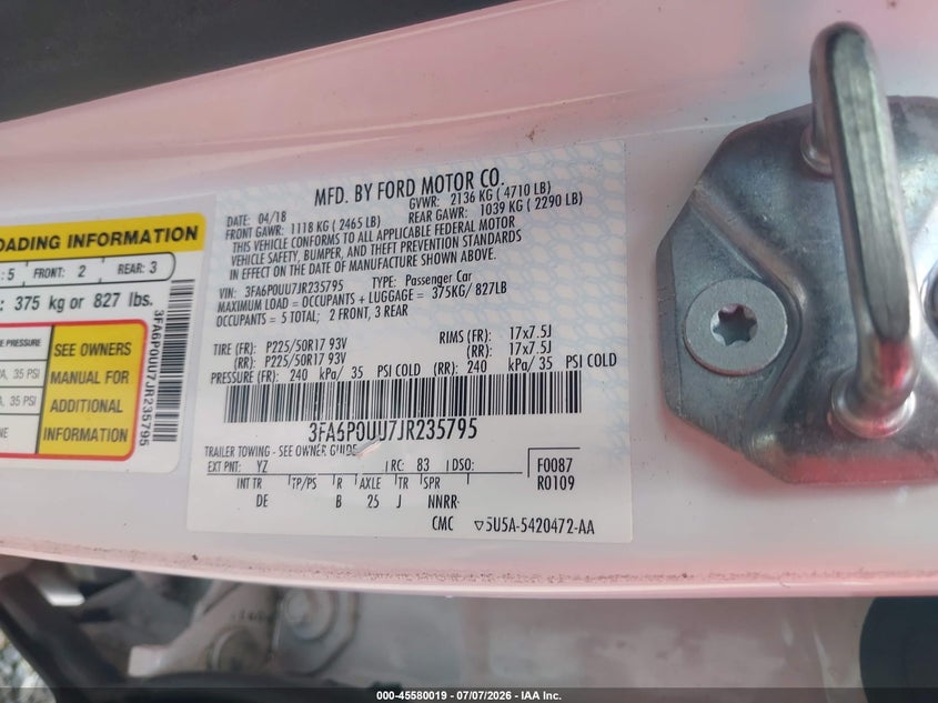 2018 Ford Fusion VIN 3FA6P0UU7JR235795 IAAI salvage auction — NORMAL WEAR, Sf97 (Virginia), sold $9,000 on 2026-07-22 (photo 4)