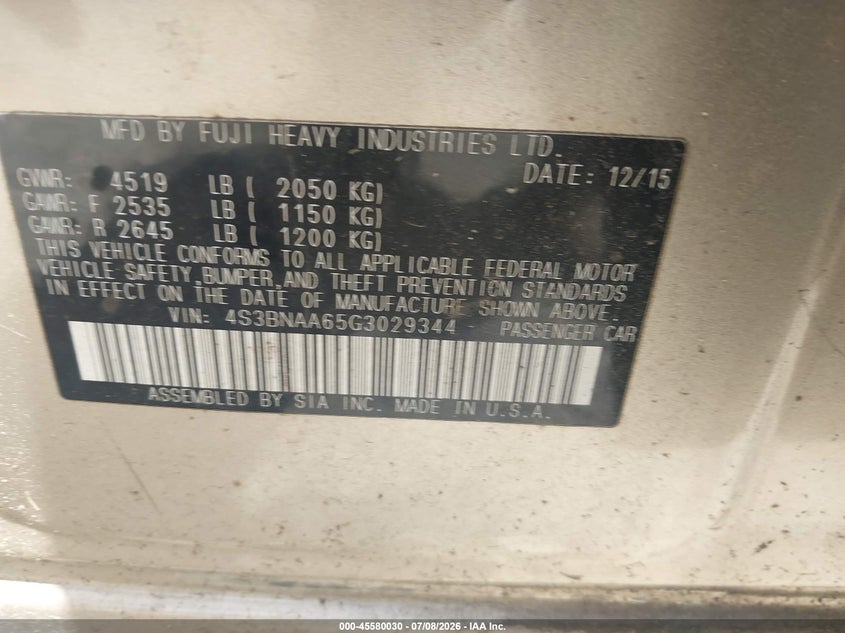 2016 Subaru LEGACY VIN 4S3BNAA65G3029344 IAAI salvage auction — LEFT FRONT, Wait Title, sold $975 on 2026-08-25 (photo 9)