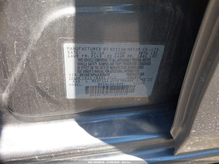 2018 Nissan Sentra VIN 3N1AB7AP4JL625432 IAAI salvage auction — FRONT END, Salvage Title, sold $2,000 on 2026-07-19 (photo 9)