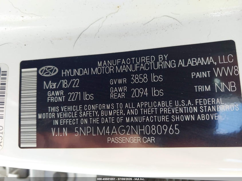 2022 Hyundai Elantra VIN 5NPLM4AG2NH080965 IAAI salvage auction — SIDE, Salvage Title, sold $2,550 on 2026-07-29 (photo 9)