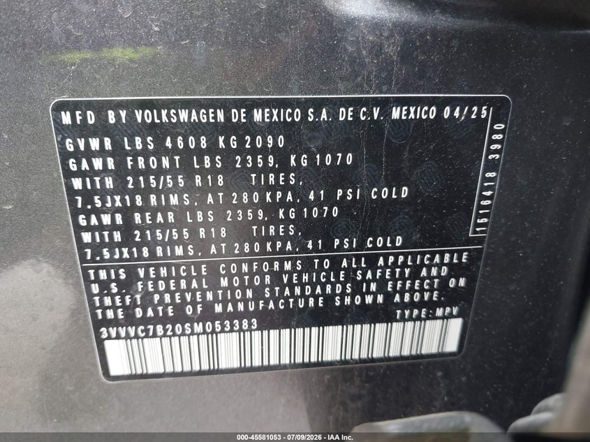 2025 Volkswagen Taos VIN 3VVVC7B20SM053383 IAAI salvage auction — RIGHT SIDE, Salvage Title, sold $7,100 on 2026-07-28 (photo 9)
