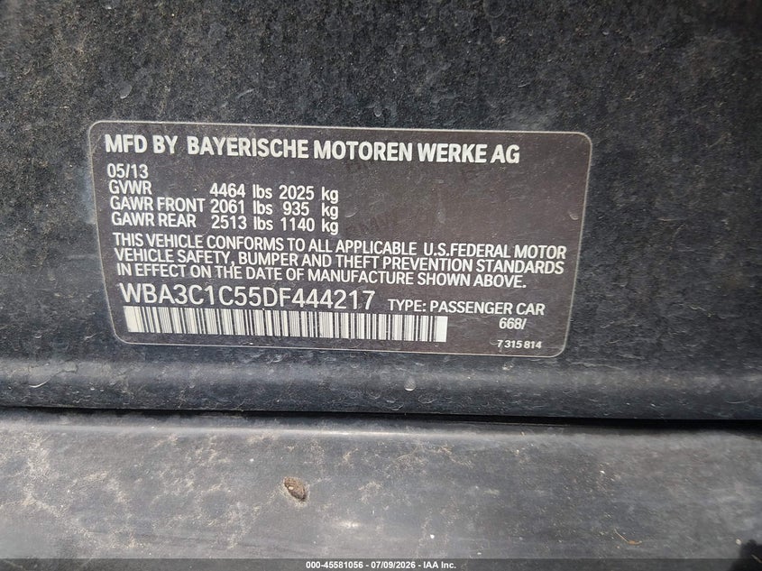 2013 BMW 3er VIN WBA3C1C55DF444217 IAAI salvage auction — NORMAL WEAR, Clear (Louisiana), sold $225 on 2026-07-28 (photo 9)