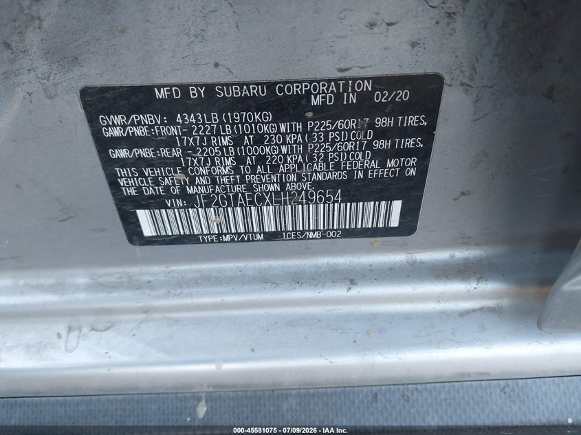 2020 Subaru Xv VIN JF2GTAECXLH249654 IAAI salvage auction — ROLLOVER, Salvage Title, sold $2,925 on 2026-07-17 (photo 9)