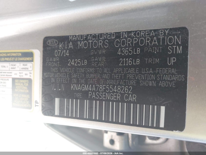 2015 Kia Optima VIN KNAGM4A78F5548262 IAAI salvage auction — NORMAL WEAR, Clear (Indiana), sold $450 on 2026-07-29 (photo 9)