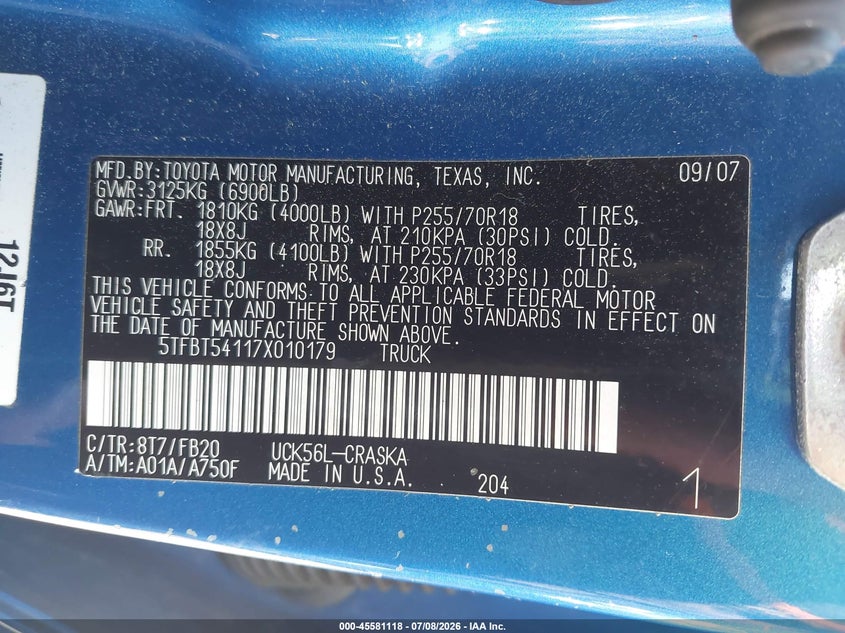 2007 Toyota Tundra VIN 5TFBT54117X010179 IAAI salvage auction — NORMAL WEAR, Clear (Massachusetts), sold $1,250 on 2026-07-13 (photo 9)