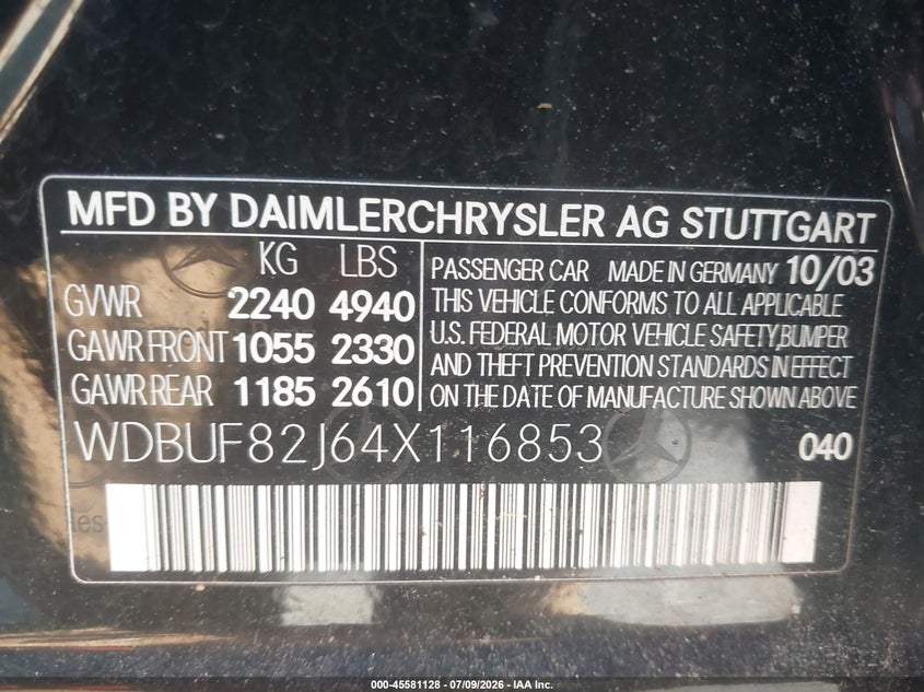 2004 Mercedes-benz E-class VIN WDBUF82J64X116853 IAAI salvage auction — LEFT REAR, Clear (Massachusetts), sold $750 on 2026-07-31 (photo 9)