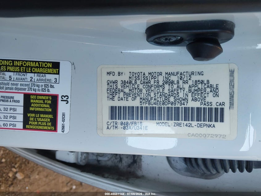 2013 Toyota Corolla VIN 5YFBU4EE0DP097947 IAAI salvage auction — ENGINE DAMAGE, Clear (Georgia), sold $2,000 on 2026-07-31 (photo 9)