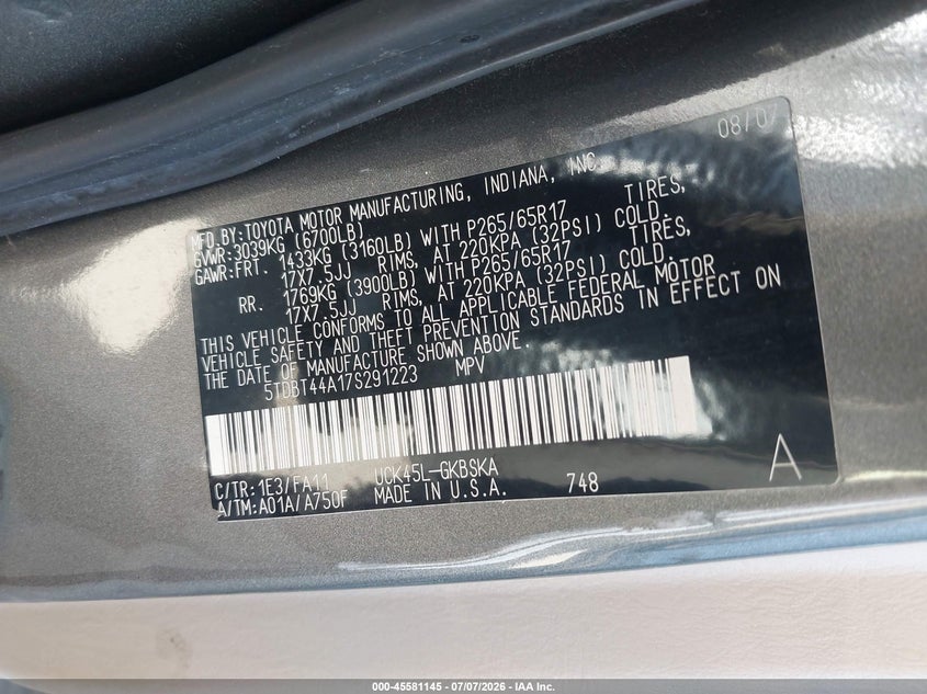 2007 Toyota Sequoia VIN 5TDBT44A17S291223 IAAI salvage auction — NORMAL WEAR, Salvage (California), sold $1,750 on 2026-07-15 (photo 9)