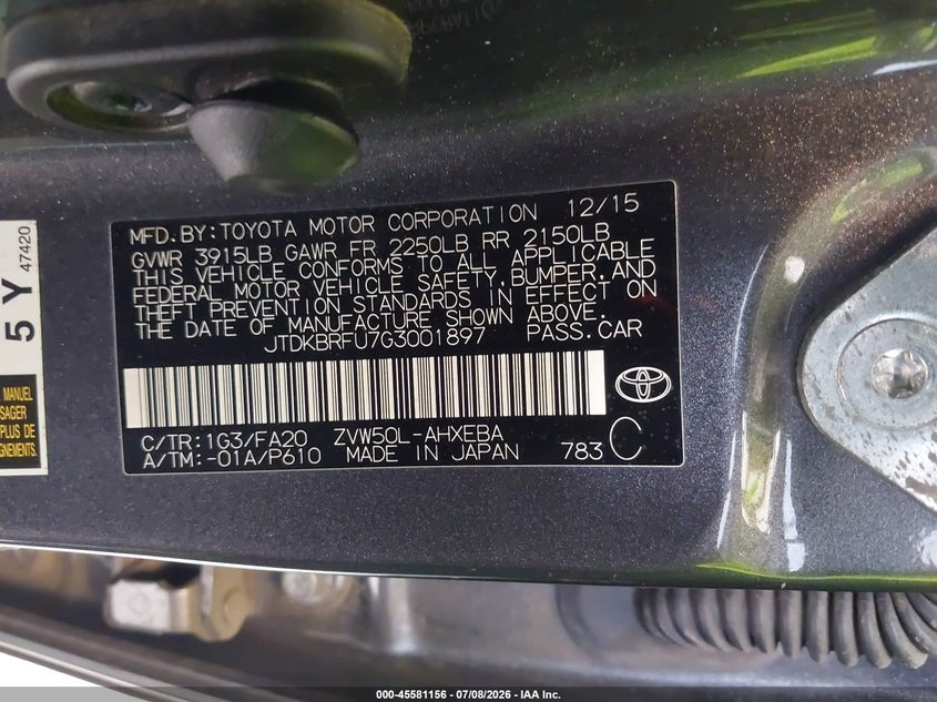 2016 Toyota Prius VIN JTDKBRFU7G3001897 IAAI salvage auction — FRONT END, Bill Of Sale (Washington), sold $25 on 2026-07-22 (photo 9)