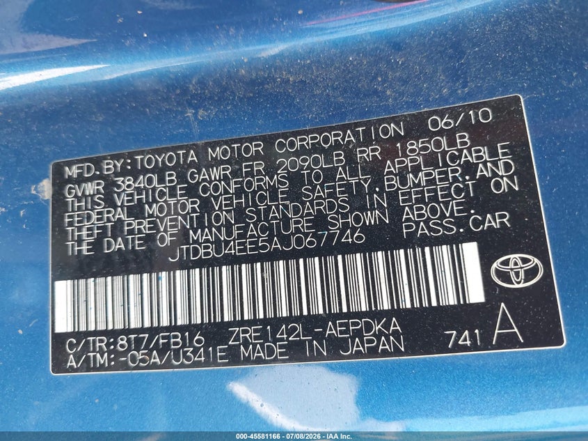 2010 Toyota Corolla VIN JTDBU4EE5AJ067746 IAAI salvage auction — NORMAL WEAR, Clear (Indiana), sold $975 on 2026-07-22 (photo 9)