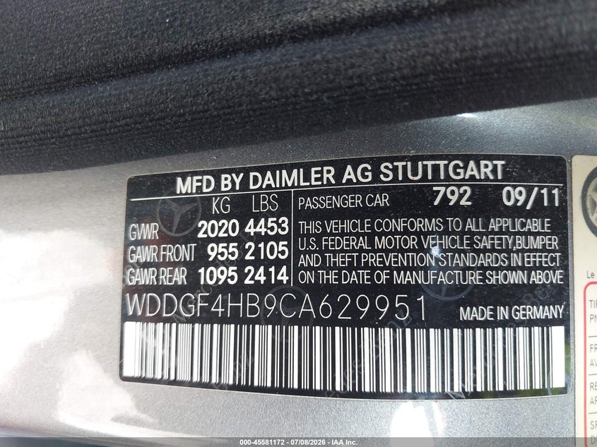 2012 Mercedes-benz C-klasse VIN WDDGF4HB9CA629951 IAAI salvage auction — FRONT END, Salvage (North Carolina), sold $850 on 2026-08-13 (photo 9)