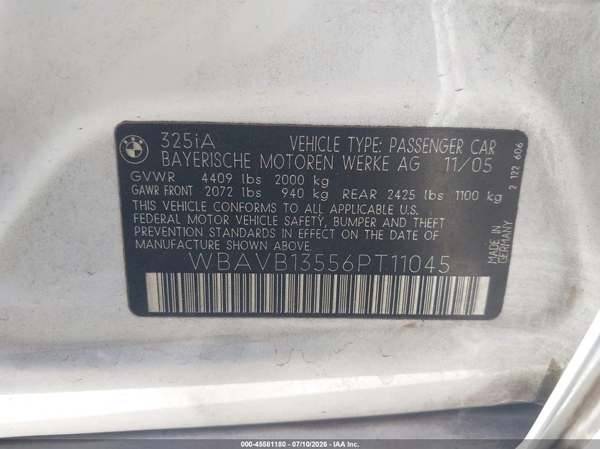 2006 BMW 3 series VIN WBAVB13556PT11045 IAAI salvage auction — FRONT END, Salvage Certificate (California), sold $25 on 2026-07-24 (photo 9)