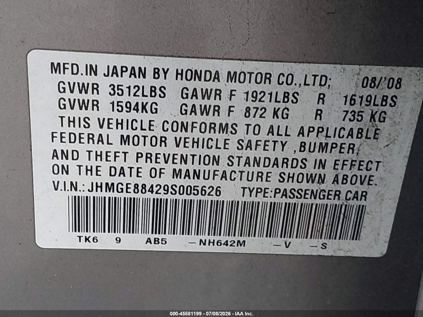 2009 Honda Fit VIN JHMGE88429S005626 IAAI salvage auction — NORMAL WEAR, Clear (Washington), sold $3,725 on 2026-07-15 (photo 9)