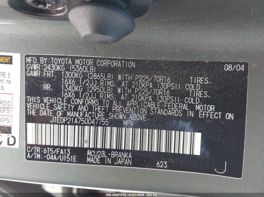 2005 Toyota Highlander VIN JTEDP21A750047755 IAAI salvage auction — NORMAL WEAR, Clear - Dealer Only (California), sold $975 on 2026-07-15 (photo 9)