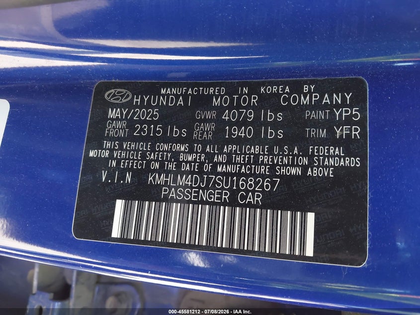 2025 Hyundai Elantra VIN KMHLM4DJ7SU168267 IAAI salvage auction — RIGHT FRONT, Salvage Title, sold $8,100 on 2026-07-18 (photo 9)