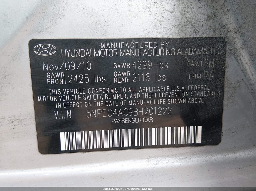 2011 Hyundai Sonata VIN 5NPEC4AC9BH201222 IAAI salvage auction — NORMAL WEAR, Clear (Virginia), sold $275 on 2026-07-29 (photo 9)