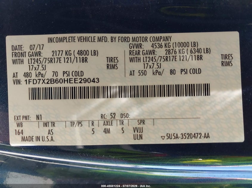 2017 Ford F-250 VIN 1FD7X2B60HEE29043 IAAI salvage auction — NORMAL WEAR, SF97 (California), sold $18,500 on 2026-07-30 (photo 9)