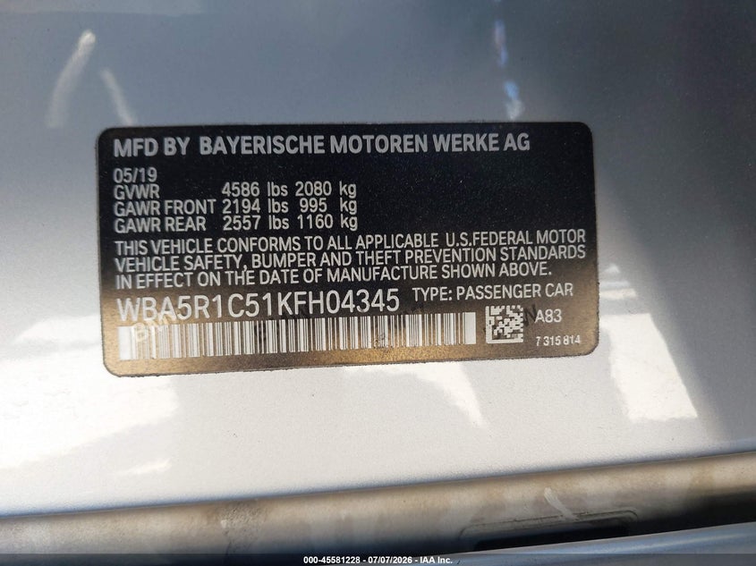 2019 BMW 3er VIN WBA5R1C51KFH04345 IAAI salvage auction — LEFT SIDE, Salvage Title, sold $8,300 on 2026-07-29 (photo 9)