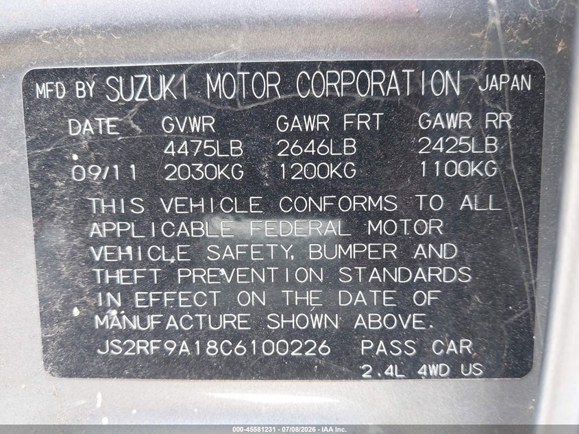 2012 Suzuki Kizashi VIN JS2RF9A18C6100226 IAAI salvage auction — NORMAL WEAR, Original (Texas), sold $25 on 2026-07-29 (photo 9)