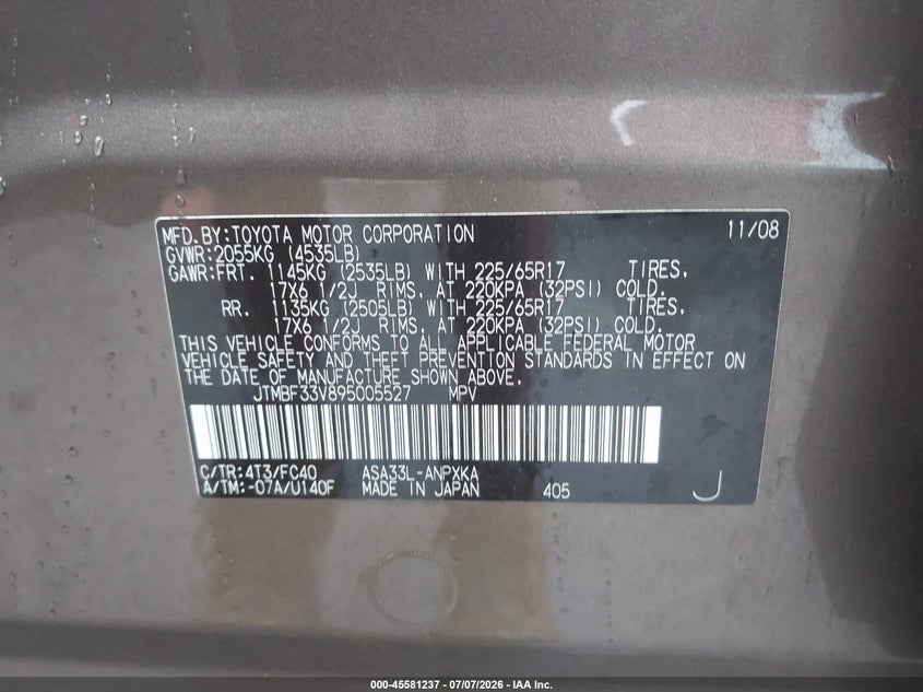 2009 Toyota Rav4 VIN JTMBF33V895005527 IAAI salvage auction — NORMAL WEAR, Clear (Massachusetts), sold $1,050 on 2026-07-29 (photo 9)