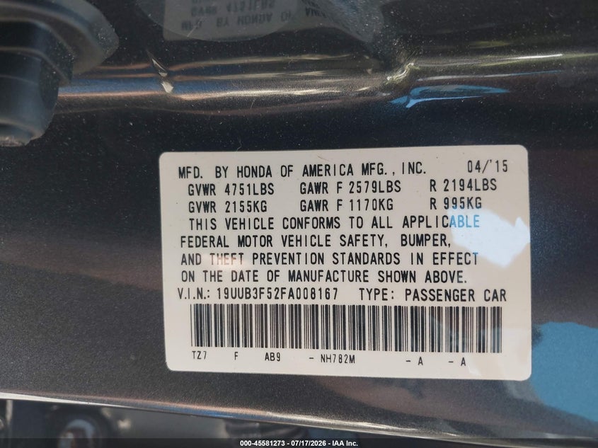 2015 Acura Tlx VIN 19UUB3F52FA008167 IAAI salvage auction — REAR END, Clear (Massachusetts), sold $3,500 on 2026-07-22 (photo 9)