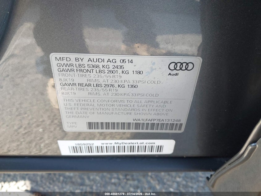 2014 Audi Q5 VIN WA1LFAFP7EA131248 IAAI salvage auction — SIDE, Salvage (California), sold $4,850 on 2026-07-31 (photo 9)