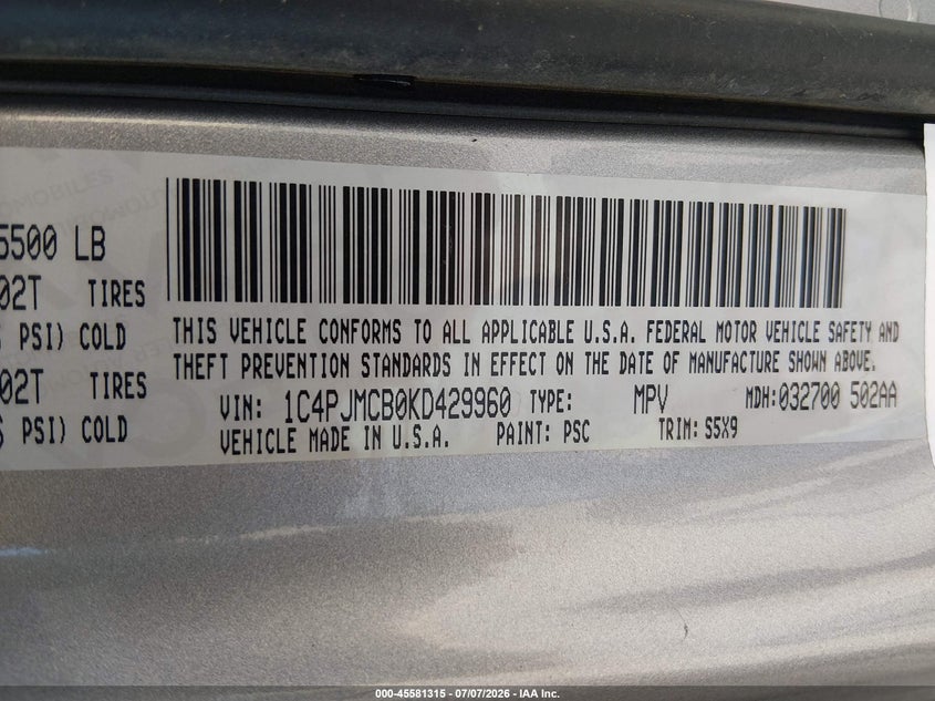 2019 Jeep Cherokee VIN 1C4PJMCB0KD429960 IAAI salvage auction — NORMAL WEAR, Sf97 (California), sold $7,400 on 2026-07-30 (photo 9)