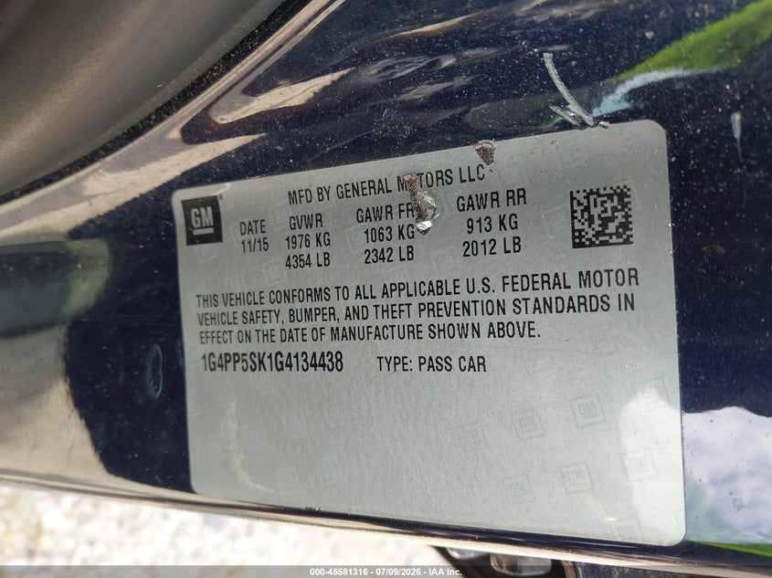 2016 Buick Verano VIN 1G4PP5SK1G4134438 IAAI salvage auction — NORMAL WEAR, Clear (Illinois), sold $300 on 2026-07-21 (photo 9)