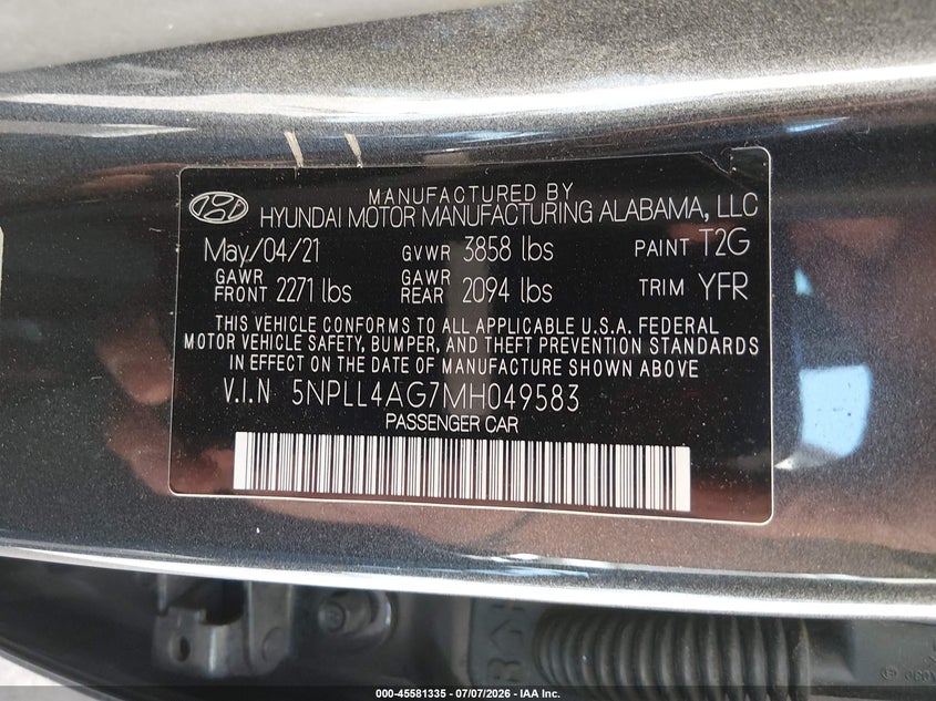 2021 Hyundai Elantra VIN 5NPLL4AG7MH049583 IAAI salvage auction — NORMAL WEAR, Sf97 (California), sold $7,225 on 2026-07-30 (photo 9)