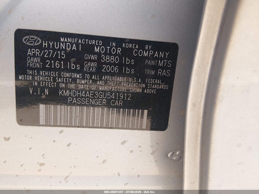 2016 Hyundai Elantra VIN KMHDH4AE3GU541912 IAAI salvage auction — NORMAL WEAR, Clear-Dealer Only (Arizona), sold $1,100 on 2026-07-28 (photo 9)