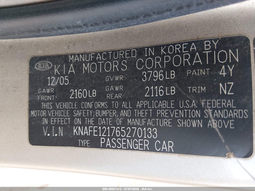 2006 Kia Spectra VIN KNAFE121765270133 IAAI salvage auction — NORMAL WEAR, Clear (Tennessee), sold $300 on 2026-07-15 (photo 9)