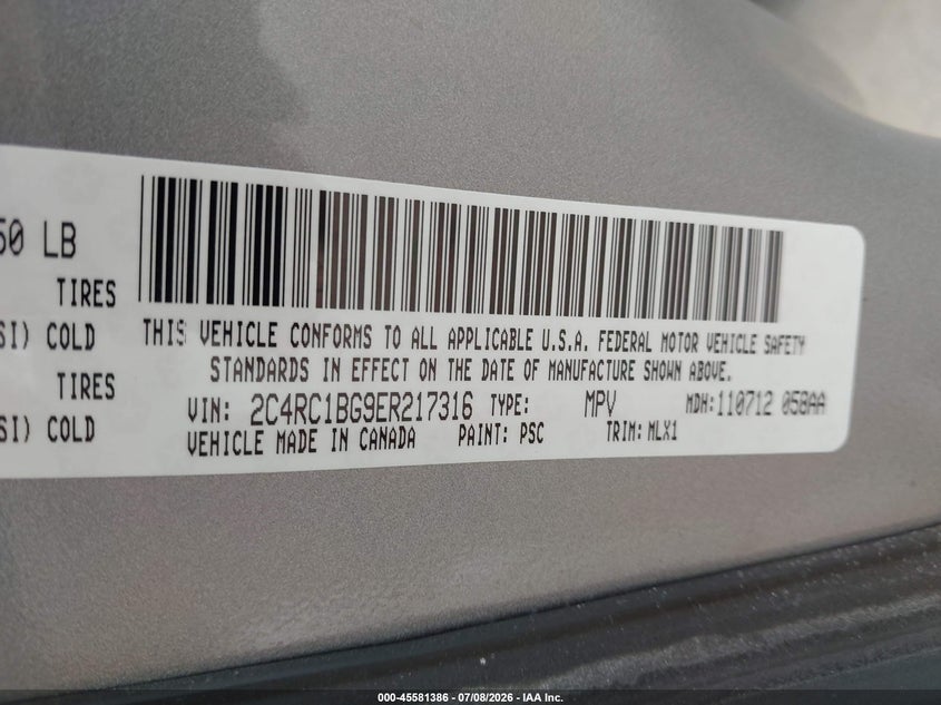2014 Chrysler Town & country VIN 2C4RC1BG9ER217316 IAAI salvage auction — NORMAL WEAR, Clear (Kansas), sold $500 on 2026-07-24 (photo 9)