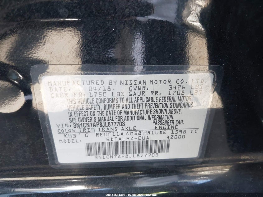 2018 Nissan Versa VIN 3N1CN7AP8JL877703 IAAI salvage auction — SIDE, Salvage Title, sold $1,800 on 2026-07-26 (photo 9)