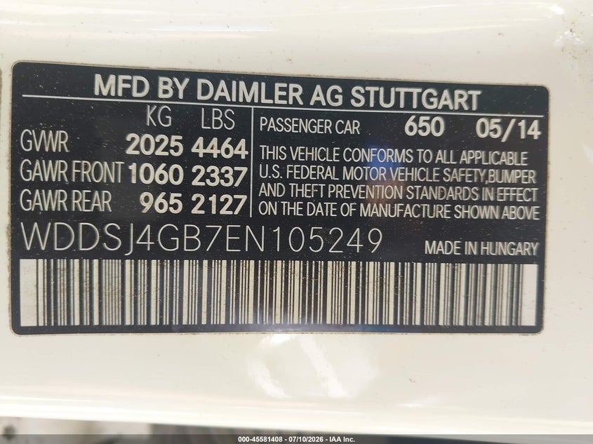 2014 Mercedes-benz Cla-klasse VIN WDDSJ4GB7EN105249 IAAI salvage auction — REAR END, Mv-907A (New York), sold $3,050 on 2026-07-30 (photo 9)