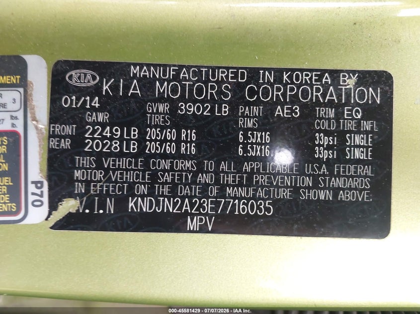 2014 Kia Soul VIN KNDJN2A23E7716035 IAAI salvage auction — NORMAL WEAR, Clear (New Jersey), sold $575 on 2026-07-15 (photo 9)