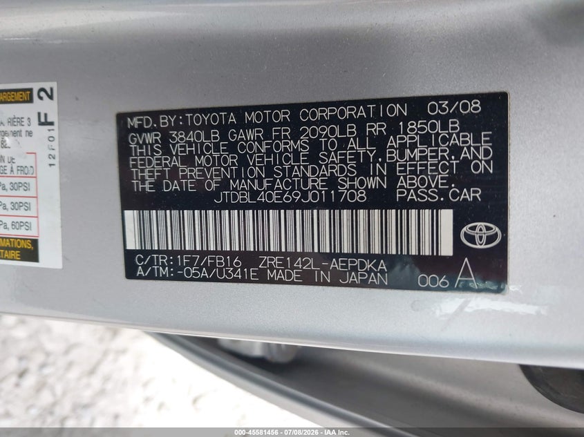 2009 Toyota Corolla VIN JTDBL40E69J011708 IAAI salvage auction — FRONT END, Mv-907A (New York), sold $25 on 2026-07-28 (photo 9)
