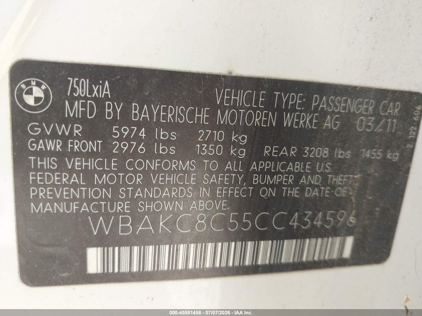 2012 BMW 7 series VIN WBAKC8C55CC434596 IAAI salvage auction — NORMAL WEAR, Clear (Tennessee), sold $475 on 2026-07-29 (photo 9)
