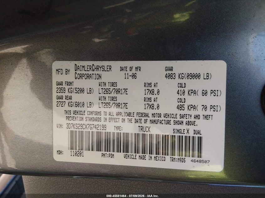 2007 Dodge Ram 2500 VIN 3D7KS29CX7G742199 IAAI salvage auction — LEFT REAR, Salvage (California), sold $12,975 on 2026-08-21 (photo 9)