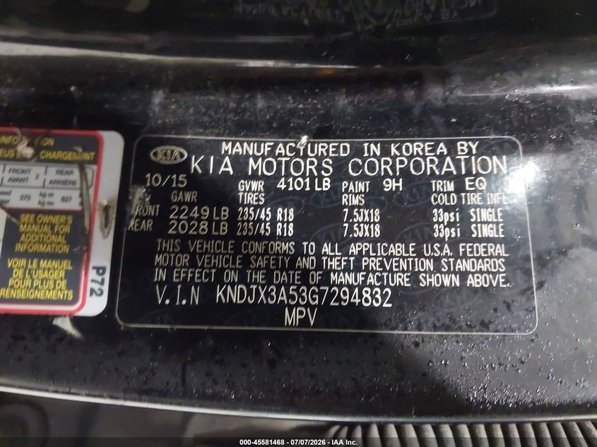 2016 Kia Soul VIN KNDJX3A53G7294832 IAAI salvage auction — NORMAL WEAR, Clear (New York), sold $625 on 2026-07-29 (photo 9)