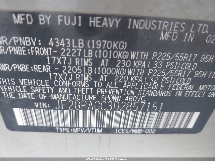 2013 Subaru Xv crosstrek VIN JF2GPAGC3D2857151 IAAI salvage auction — NORMAL WEAR, Clear (Utah), sold $25 on 2026-07-30 (photo 9)