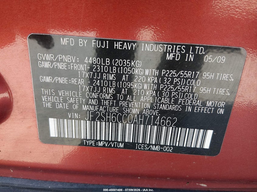 2010 Subaru Forester VIN JF2SH6CC0AH714662 IAAI salvage auction — LEFT FRONT, Clear (Washington), sold $975 on 2026-07-29 (photo 9)