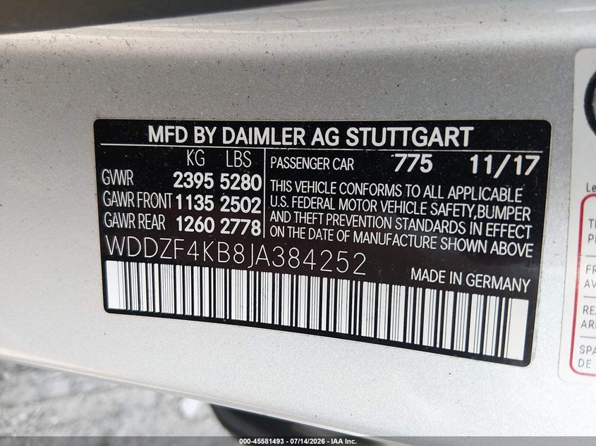 2018 Mercedes-benz E-klasse VIN WDDZF4KB8JA384252 IAAI salvage auction — FRONT END, Salvage (Massachusetts), sold $8,800 on 2026-08-07 (photo 9)